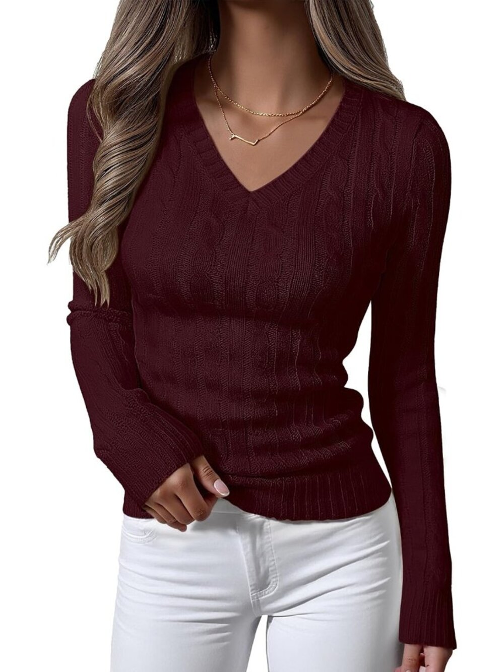 Women's Burgundy Long Sleeves V-Neck Cable Knit Fitted Winter Pullover Sweater